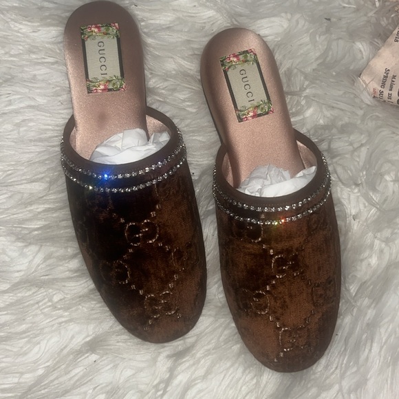 Velvet GG Monogram Crystal Womens Slipper Brown Vintage Cocoa - Picture 9 of 10